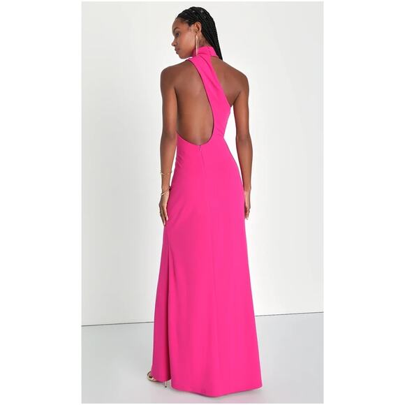 Lulus Hot Pink Asymmetrical Cutout Halter Keep It Interesting Maxi Dress Size M - Picture 9 of 12